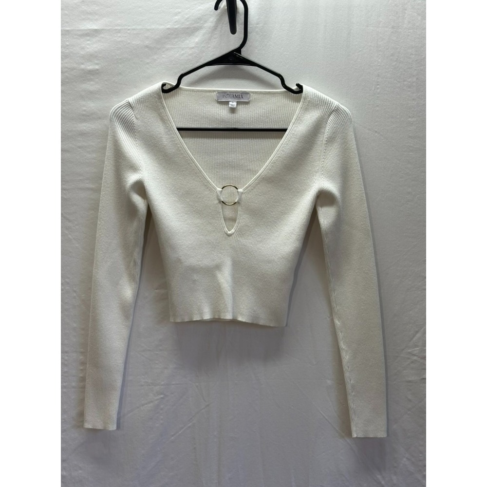 Intermix Cream Ribbed Ring‎ Detail Crop Top Sweater Womens Size S Y2K Style - Picture 2 of 9